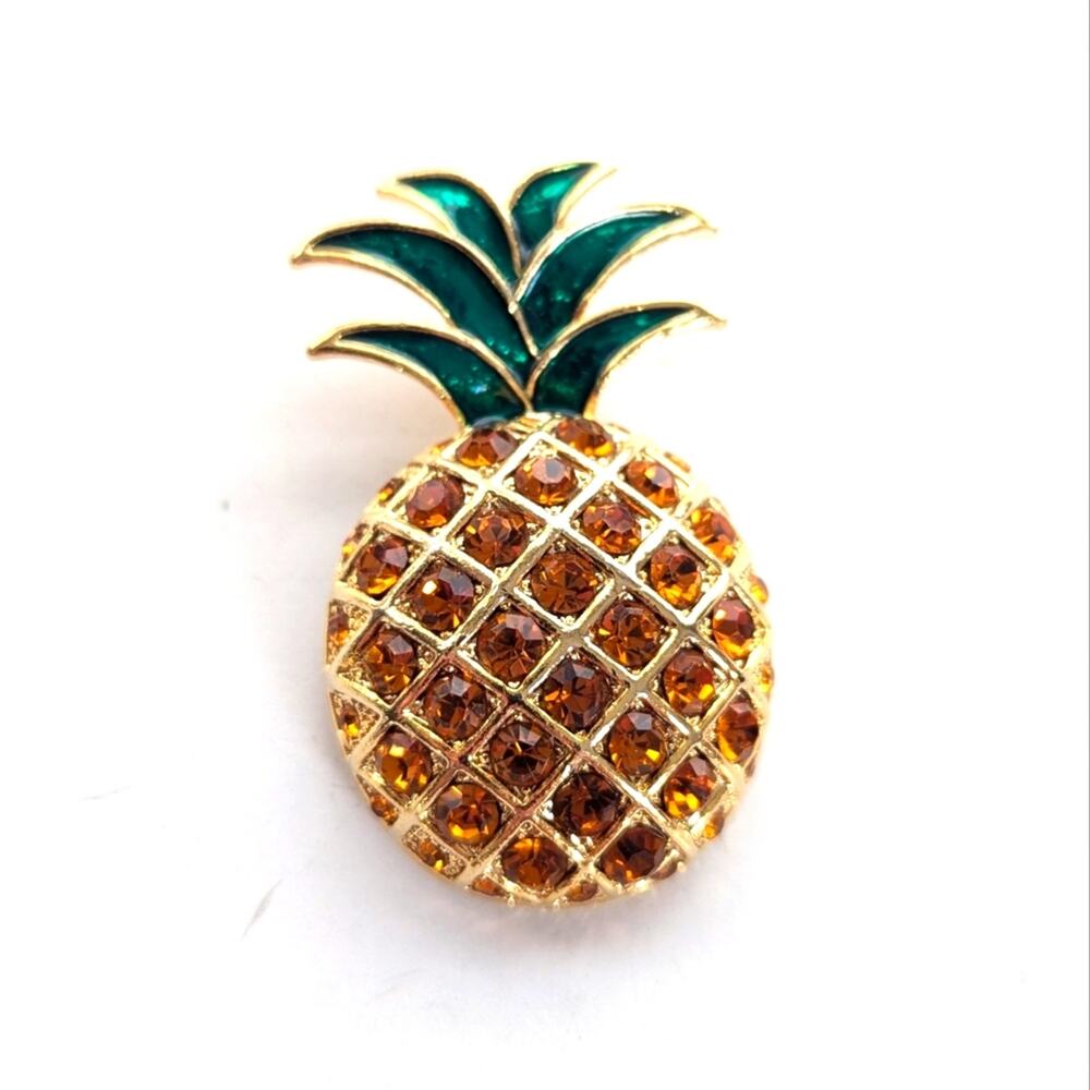 Vintage Gold Tone Rhinestone Pineapple Enamel Tropical Resort Necklace Pendant